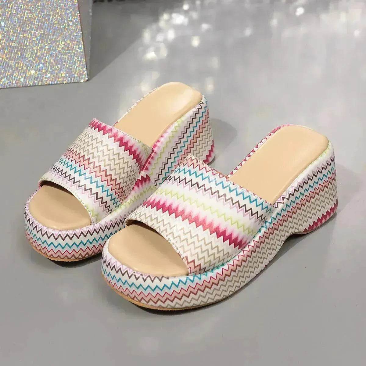 Casual Summer Fashionable Colorful Wave Print Thick Wedge Heel Women Slippers - Velora