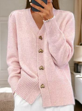 V-neck Knitted Sweater With Love Button Fashion Solid Long-sleeved Cardigan Spring And Autumn Women's Clothing - Velora