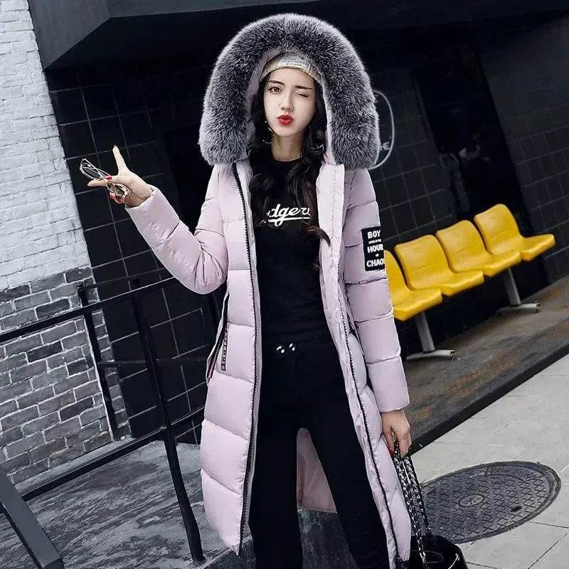 Long Zip up Faux fur Collar Hooded Winter Puffer coat women - Velora