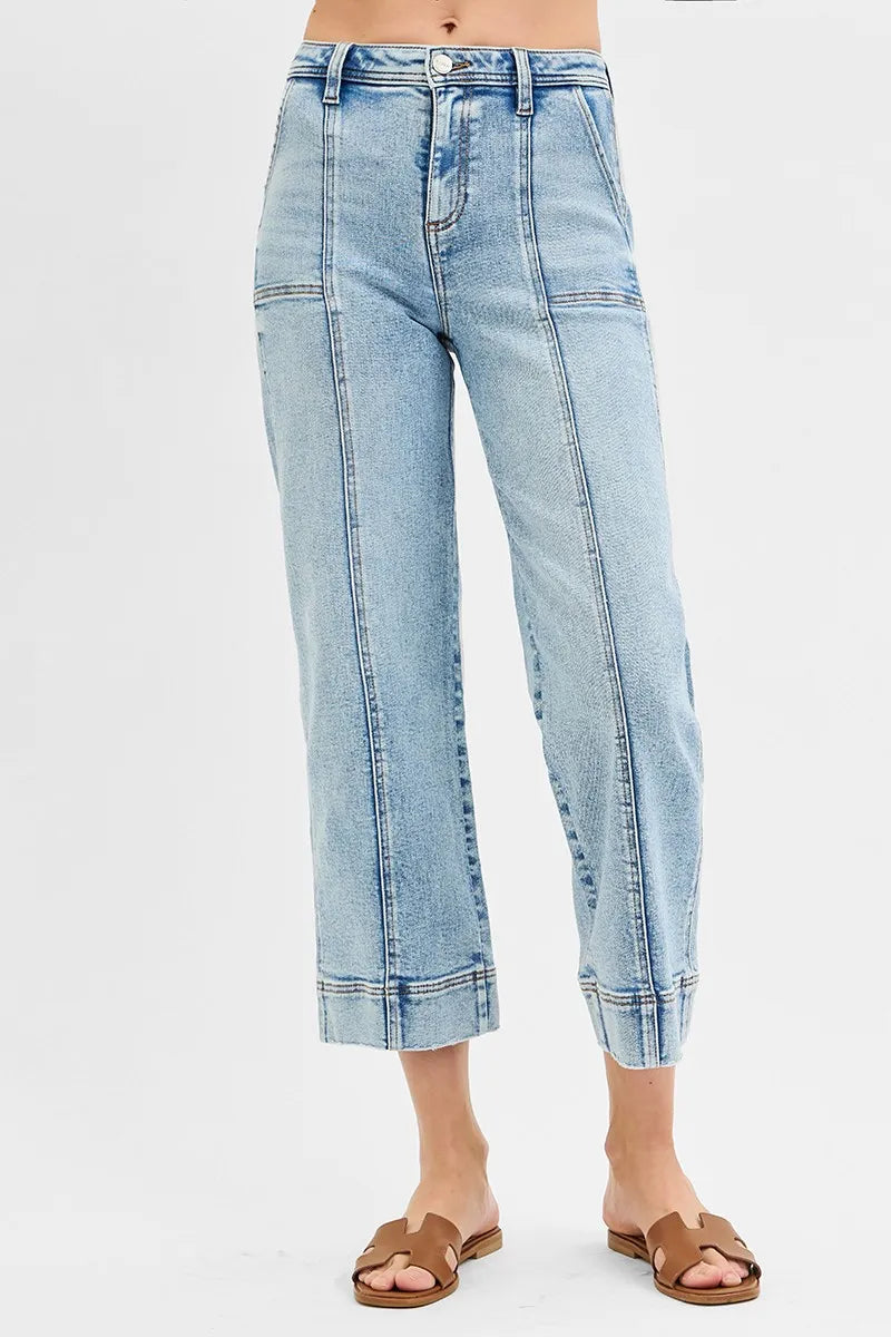 RISEN Full Size High Rise Crop Wide Front Seam Detailed Jeans Plus Size - Velora
