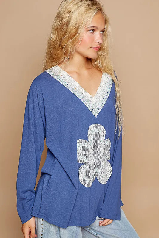 POL Lace Flower Patch Long Sleeve T-Shirt - Velora