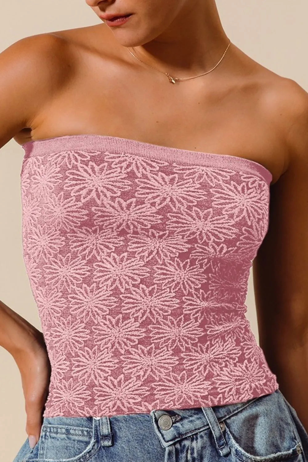 SO ME Jacquard Floral Two Tone Seamless Tube Top - Velora
