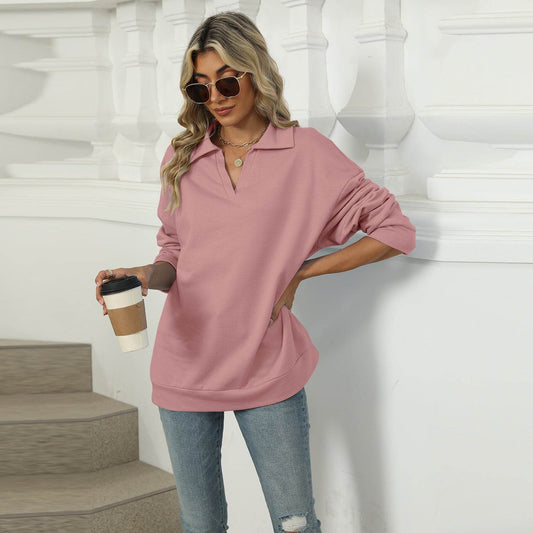 New Lapel V-neck Sweatshirt Fashion Casual Loose Solid Color Long-sleeved Pullover Top For Womens Clothing - Velora