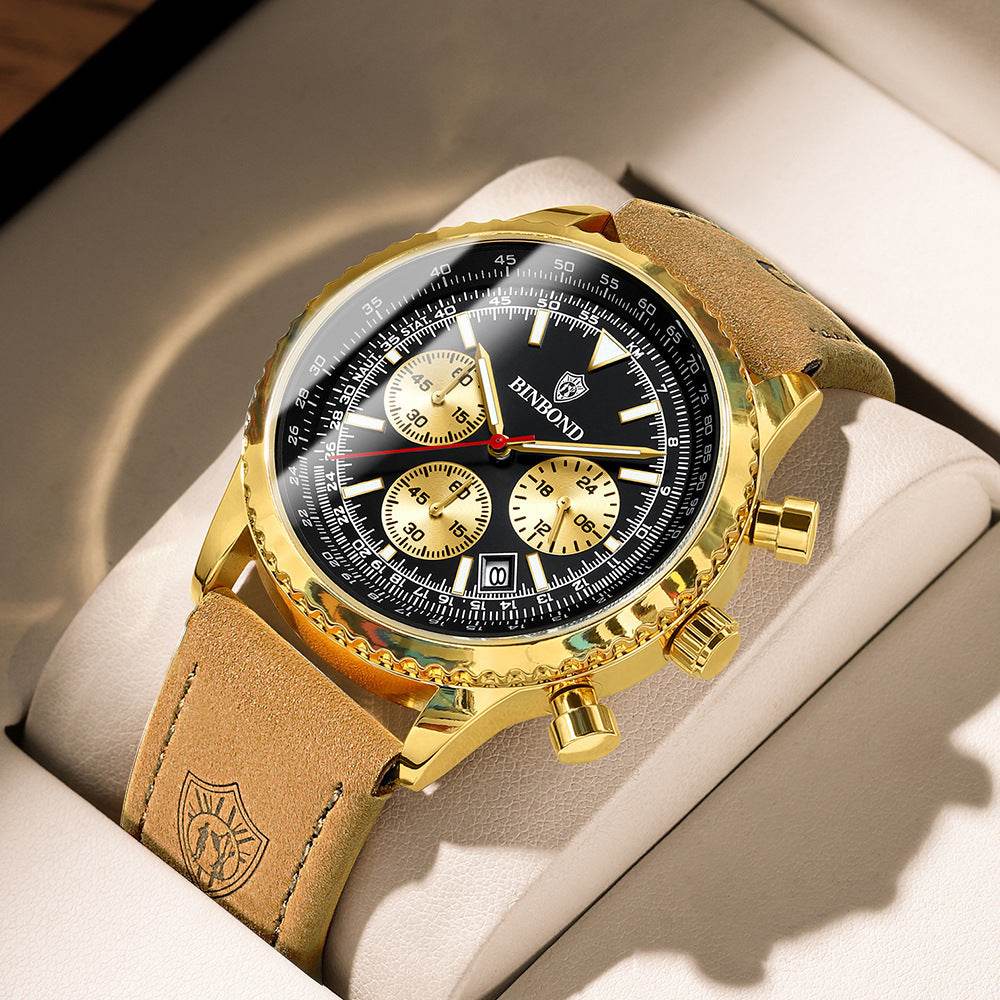 Men's Multi-functional Ultra-thin Business Style Leather Belt Waterproof Luminous Calendar Watch - Velora