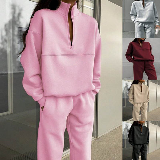 Long-sleeved Sports Sweatshirt Suit Fashion Stand-up Collar Zip-up Top And Elastic Band Trousers With Pocket Srping Fall Clothing For Women - Velora