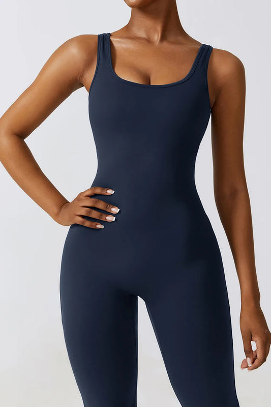 Basic Bae Cutout Ruched Bootcut Sleeveless Active Jumpsuit - Velora