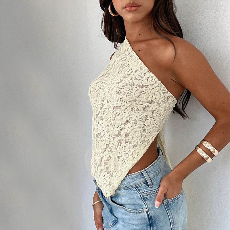 Ins Lace Backless Top Summer Solid Color Waistless Asymmetrical Sloped Neck Vest Streetwear Womens Clothes - Velora