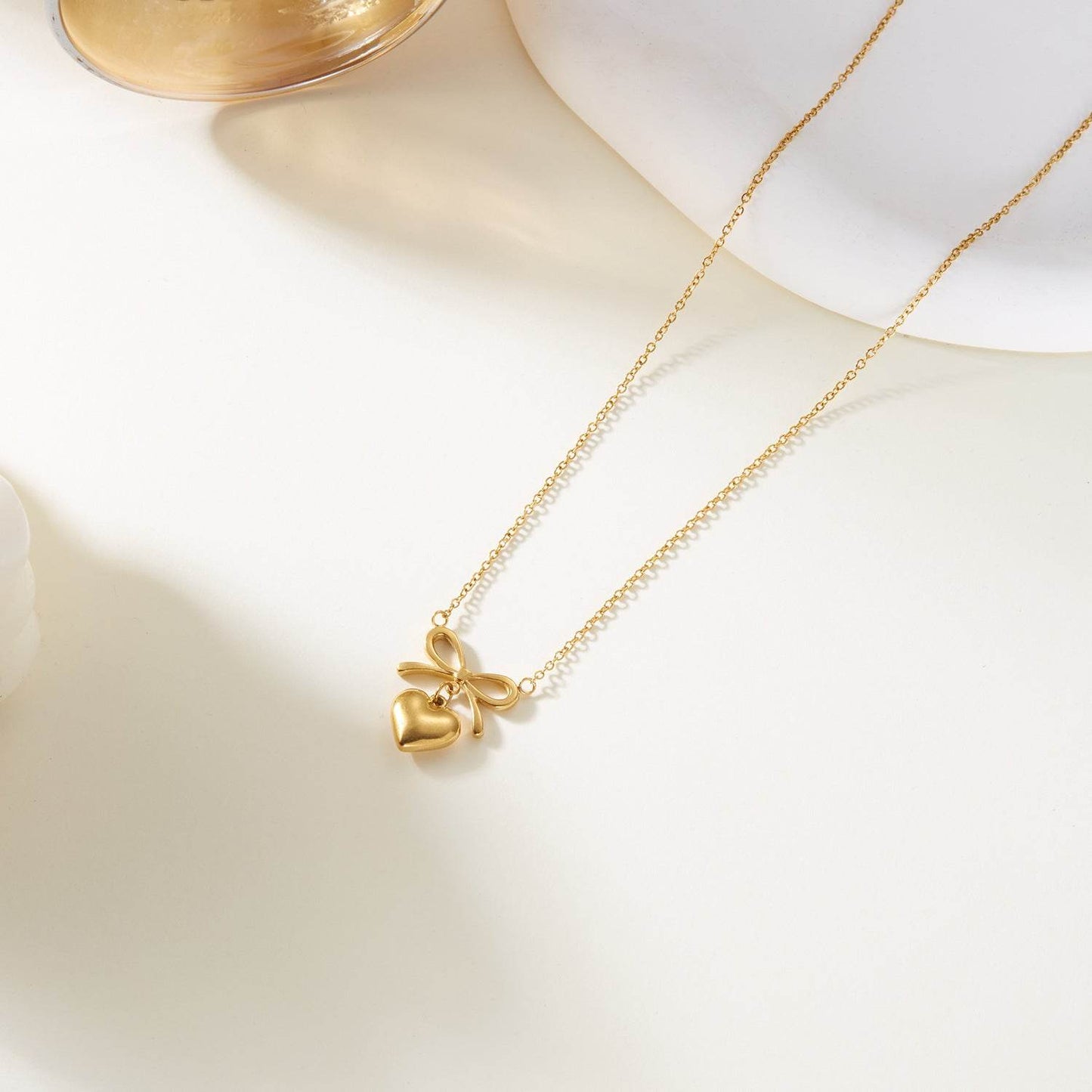 Stainless Steel New Fashion Fine Waterproof Jewelry Love Heart Bowknot Shape Charm Chain Choker Necklaces Pendant For Women Fashion Jewelry - Velora