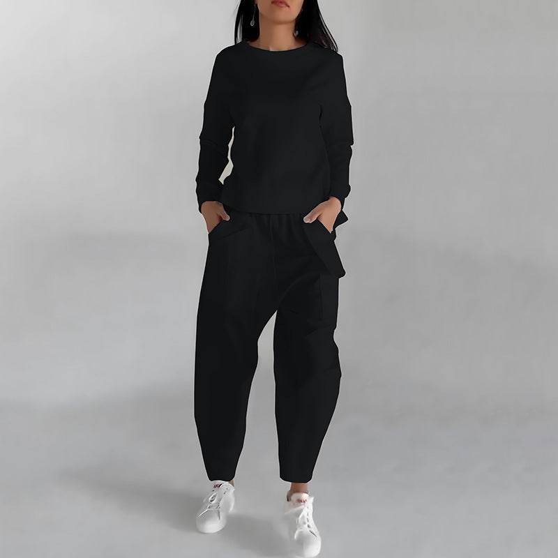 Solid Color Fashion Sweatshirt Long Sleeve Back Slit Top With Pockets Loose Trousers Women's Clothing - Velora