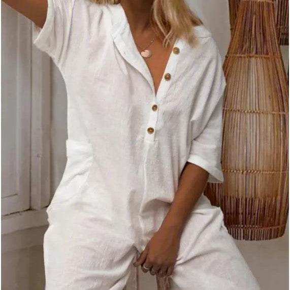 European And American Women's Lapel Cotton Linen Jumpsuit - Velora