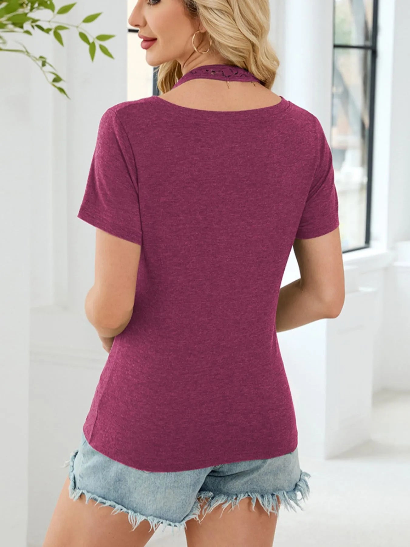 Lace Detail Short Sleeve T-Shirt - Velora