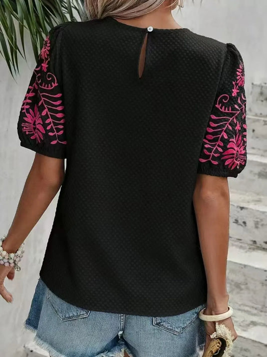 Embroidered Round Neck Short Sleeve Blouse - Velora