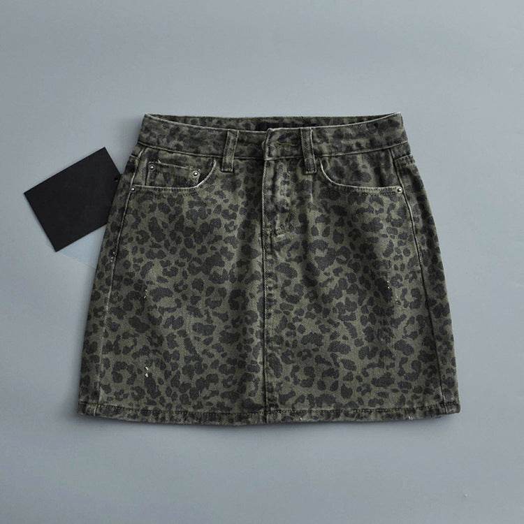 Leopard Print Mini Denim Skirt Women's High Waist Pencil Skirt - Velora