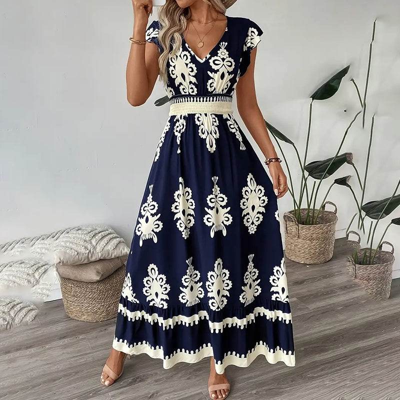 Women's Summer Flowy Maxi Dress Casual Cap Sleeve V Neck Smocked Waist Beach Sundress - Velora
