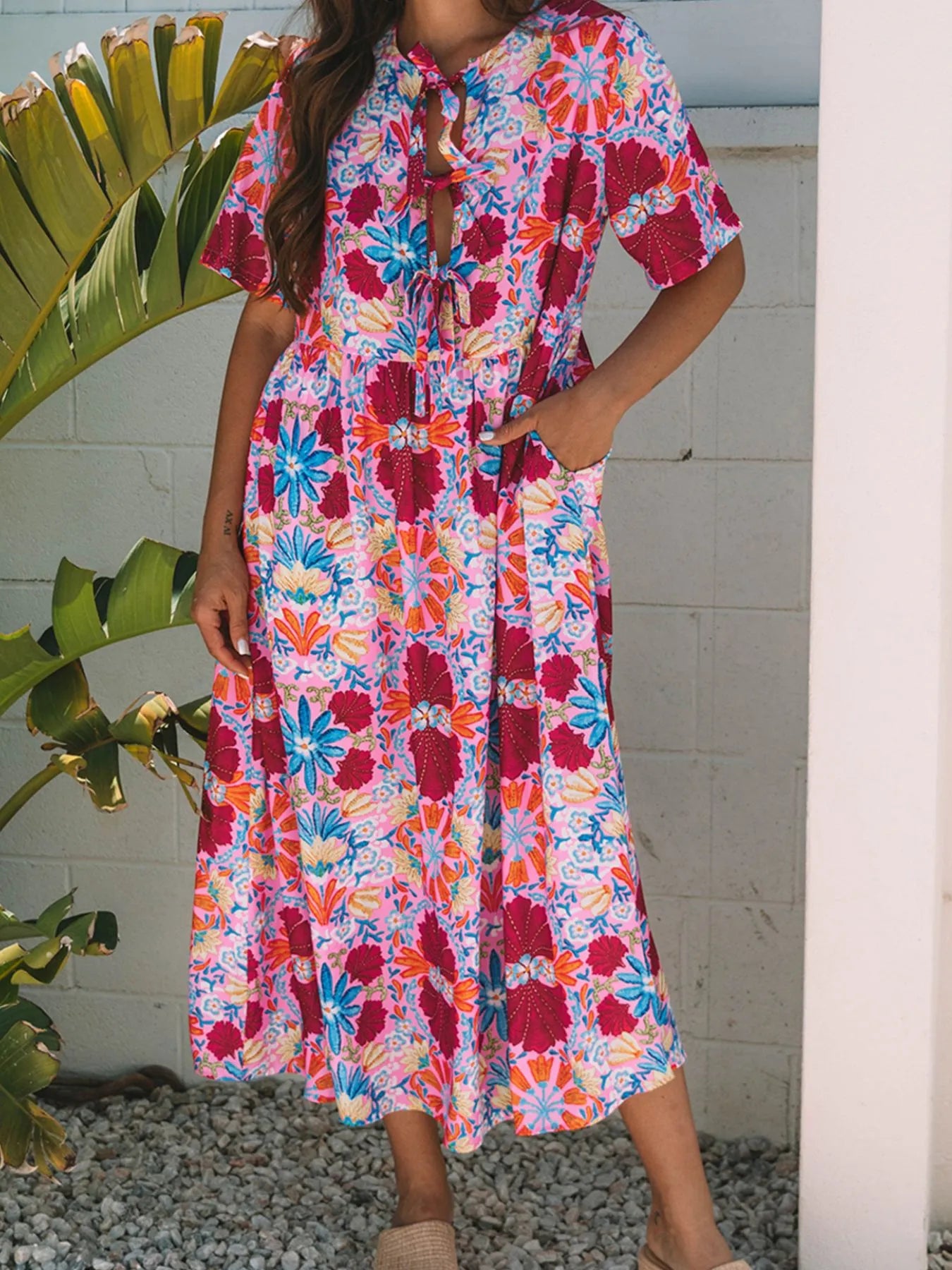 Floral Print Tie Front Midi Dress - Velora