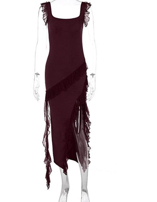 Ruffle Thigh High Split Dress Women Sexy Spaghetti Strap Square Neck Backless Suspender Dresses For Evening Praty Clothing - Velora