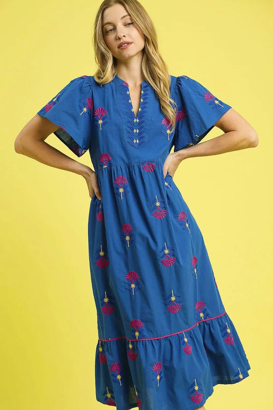 Umgee Embroidered Tiered Midi Dress - Velora