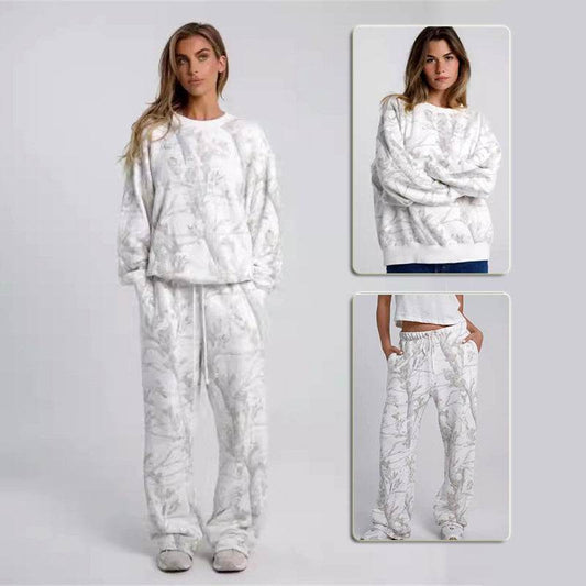 2024 Autumn Winter Two Piece Sets Women Camouflage Hoodie Maple Leaf Print Sweatshirt Suit Sports Hoodie Sportswear - Velora