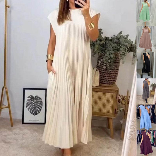 Short Sleeve Pleated Long Dress Summer Round Neck Dress Women's Clothing - Velora