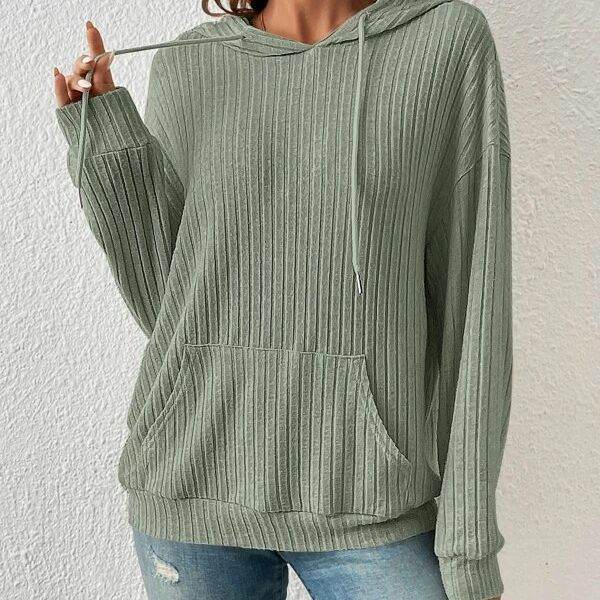Fashion Drawstring Long-sleeved Hooded Sweatshirt With Pockets Solid Sunken Stripe Hoodie Knitwear Womens Clothing - Velora
