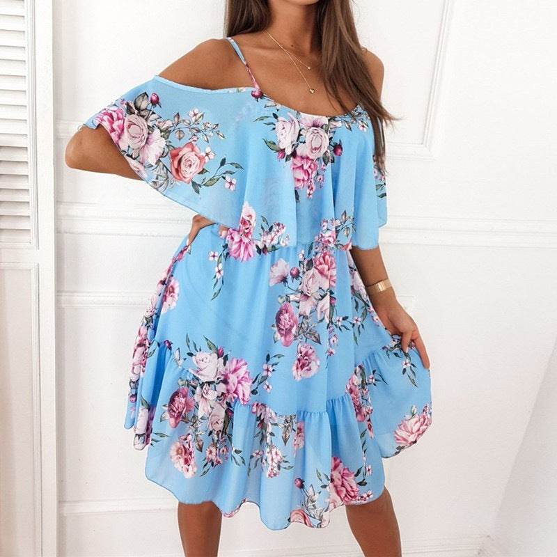 Flower Printed Ruffled Suspender Dress Summer Off-the-shoulder Strap Dresses Women - Velora