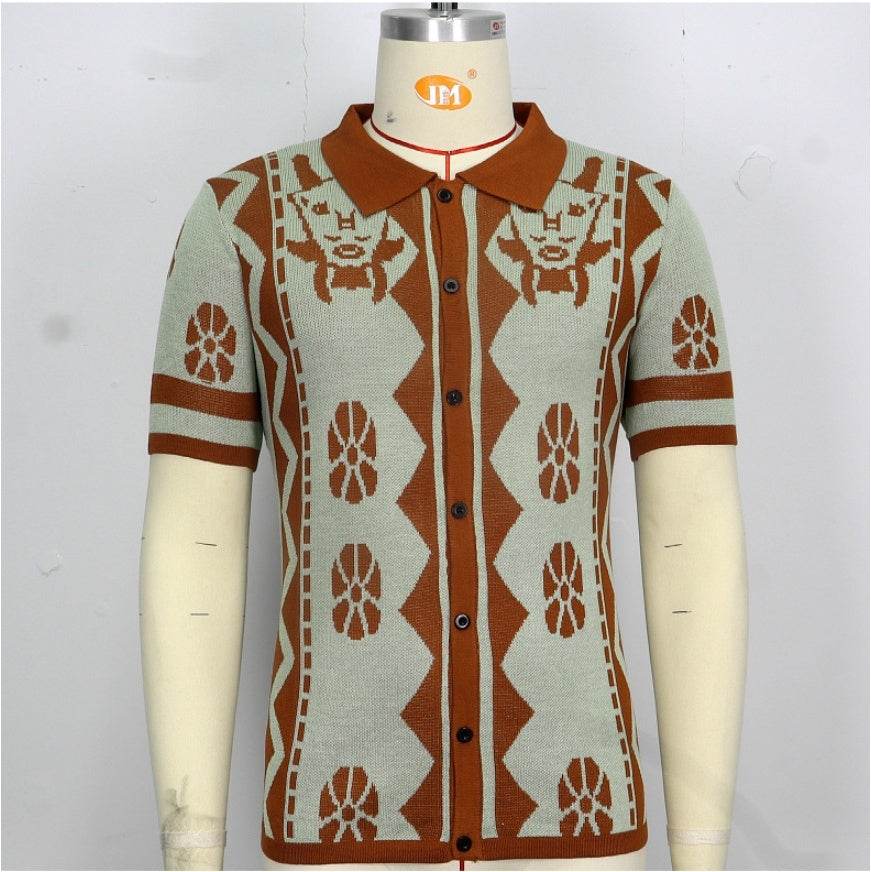 Jacquard Men's Knitted Shirt Lapel Cardigan Short Sleeve Polo Shirt - Velora