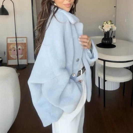 Loose Lapel Single Breasted Furry Coat Winter Fashion Fleece Long Sleeve Jacket Plush Short Top For Woman - Velora
