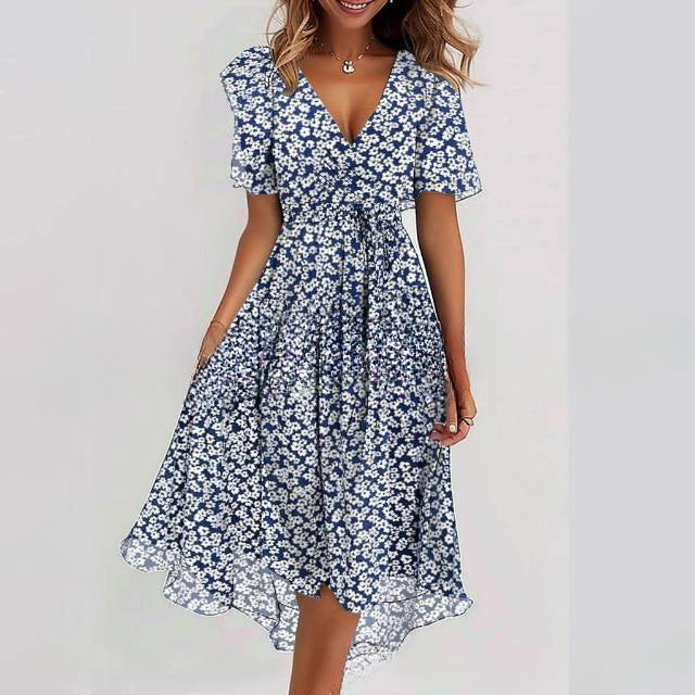 Flowers Printed V-neck Dress Summer A-line Short-sleeved Dresses For Women Velora