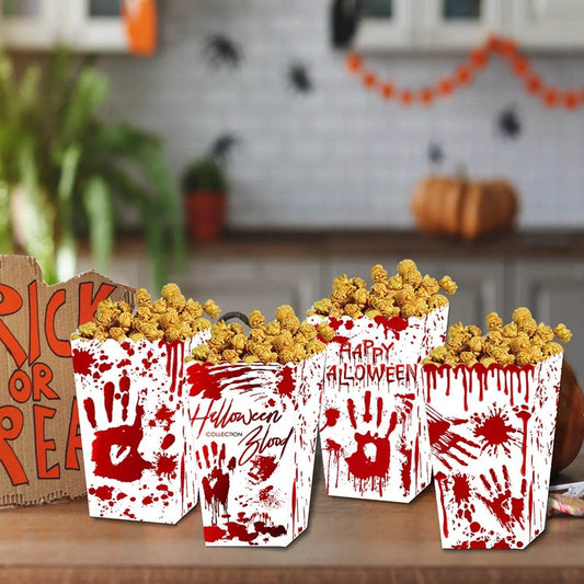 12Pcs Halloween Popcorn Box 3 Style Trick Or Treating Snack Treat Box Bloodstain Ghost Castle Bat Pattern Candy Cookie Container For Halloween Party Supplies - Velora