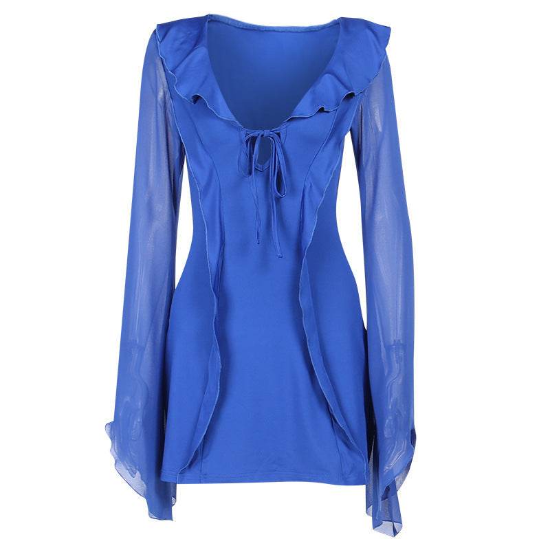 Sexy Ruffled V-neck Lace-up Long-sleeved Dress Fashion Y2K Skirt Slim Hip-covering Short Dresses For Womens Clothing - Velora