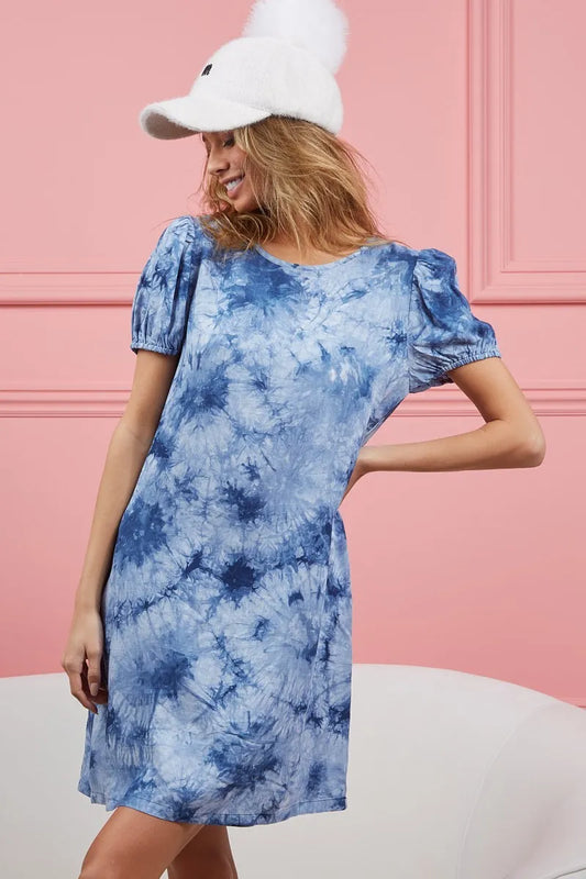 BiBi Puff Sleeve With Side Pockets Tie Dye Dress - Velora