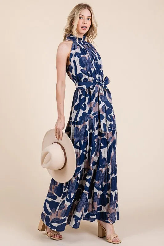 Lime 'N' Chili Abstract Halter Neck Tie-Waist Tiered Maxi Dress - Velora