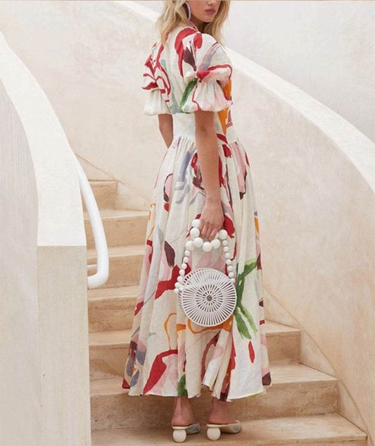 Summer Print Dresses V-neck Button Short Sleeve Midi Dress - Velora