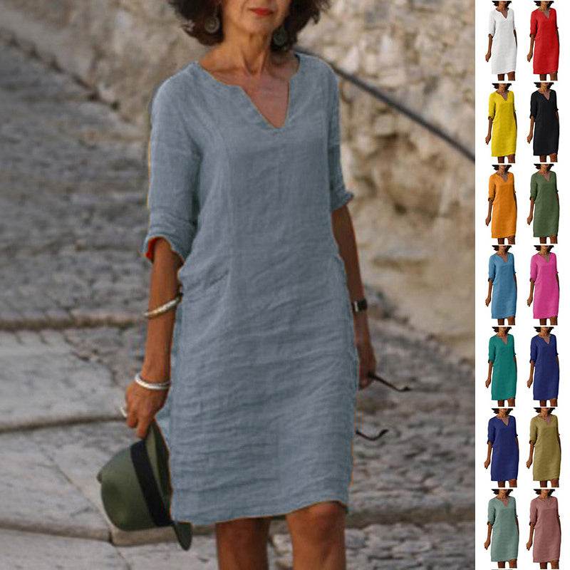 Cotton And Linen V-neck Dress Summer Stitching Retro High Waist Pure Color Dresses - Velora