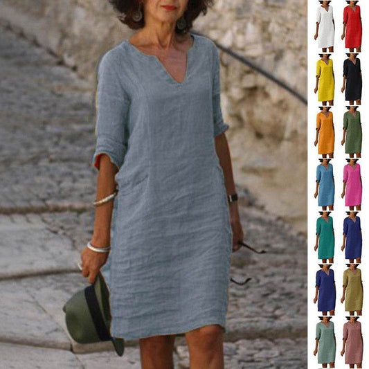 Cotton And Linen V-neck Dress Summer Stitching Retro High Waist Pure Color Dresses - Velora