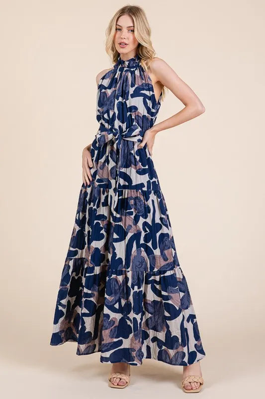 Lime 'N' Chili Abstract Halter Neck Tie-Waist Tiered Maxi Dress - Velora