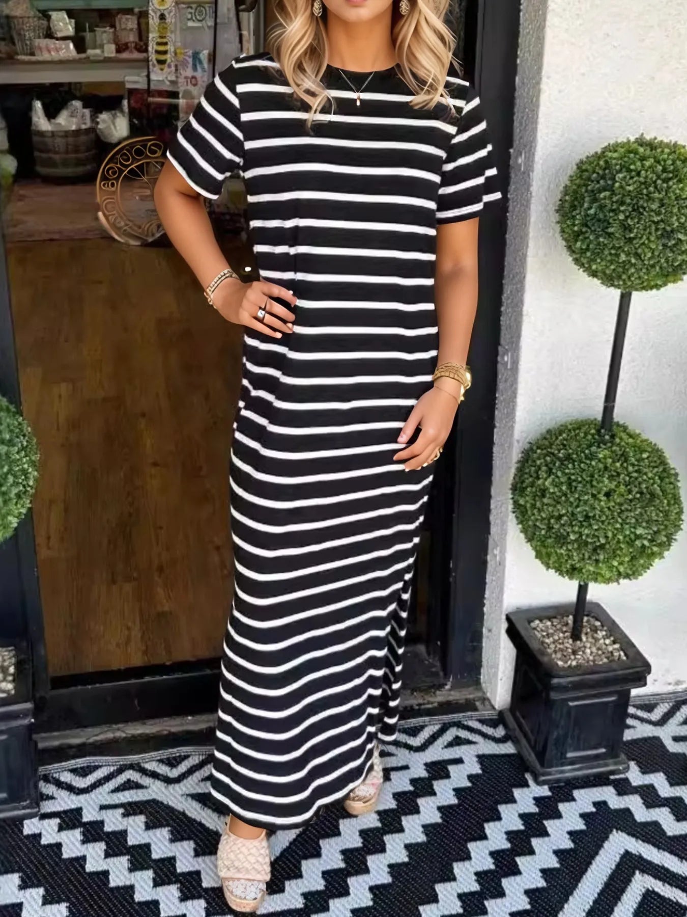 Full Size Striped T-Shirt Maxi Dress with Side Slit Plus Size - Velora