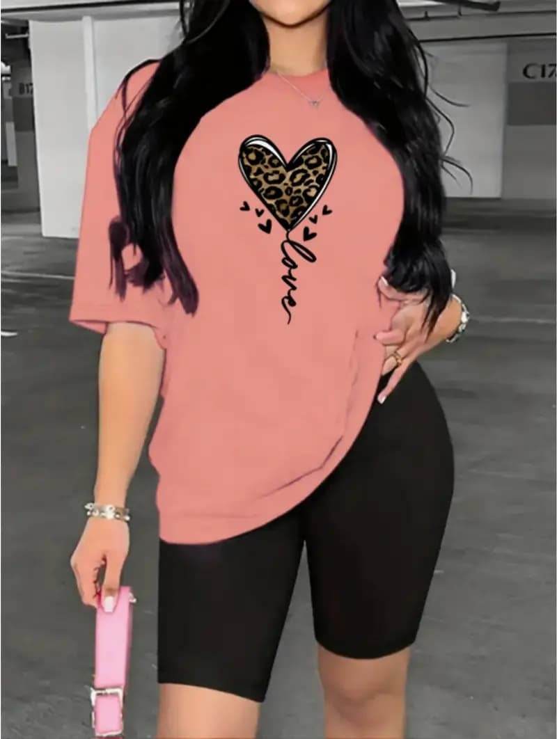 Leopard Print Casual Two-piece Set, Crew Neck Short-sleeved T-shirt And Tight Shorts - Velora