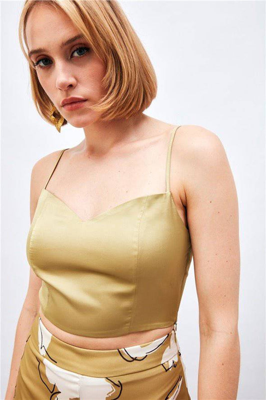(Basic) Satin Crop Top with String Straps - Olive