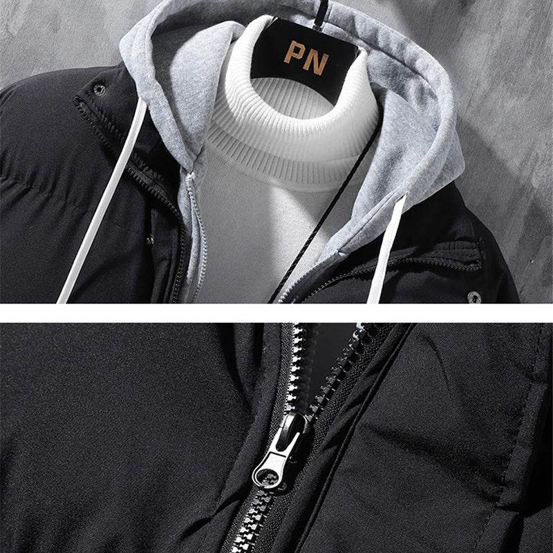 Fashion Hooded Jacket Men Winter Windproof Thickened Fake Two-piece Coat Solid Leisure Sports Cotton Jacket - Velora