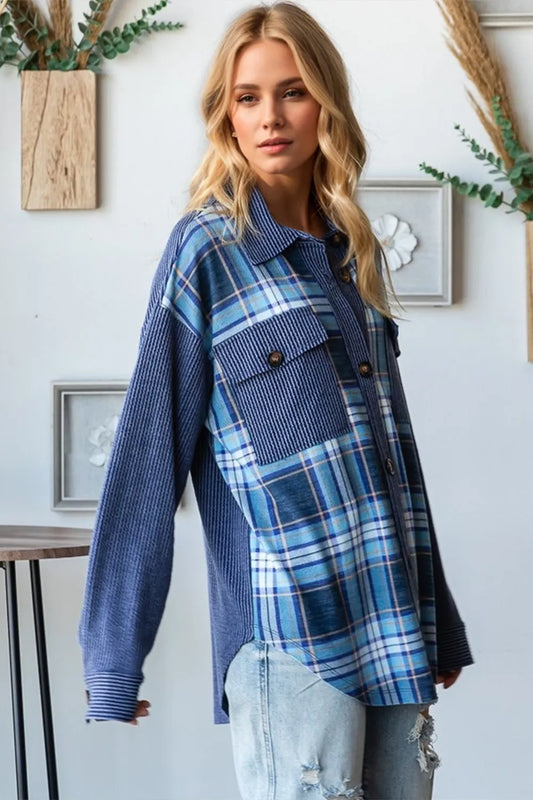Oh Plaid Button Up Long Sleeve Shacket with Breast Pockets - Velora