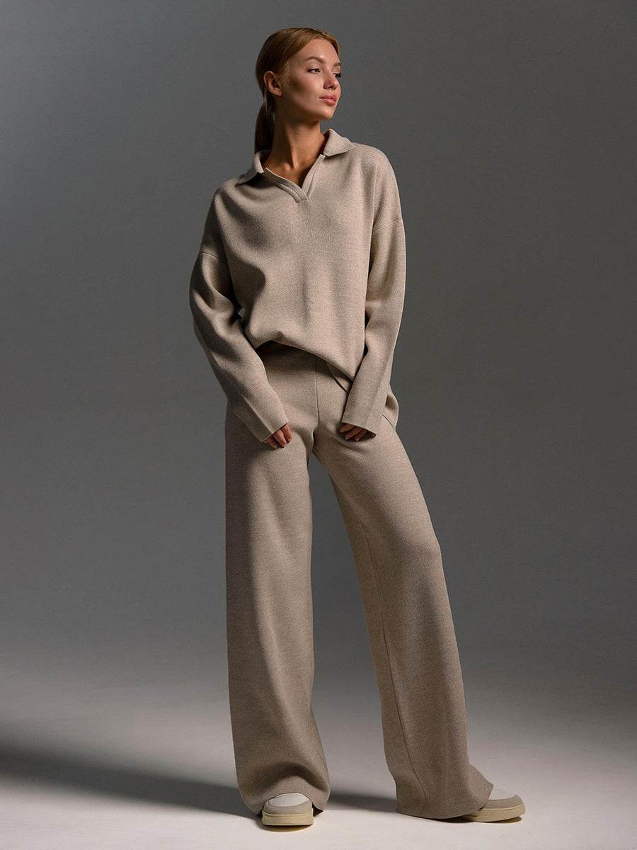 Fall Winter Two Piece Set Women's Simple Loose Solid Color Collar Sweater Set Fashion Casual Sport Wear Set - Velora