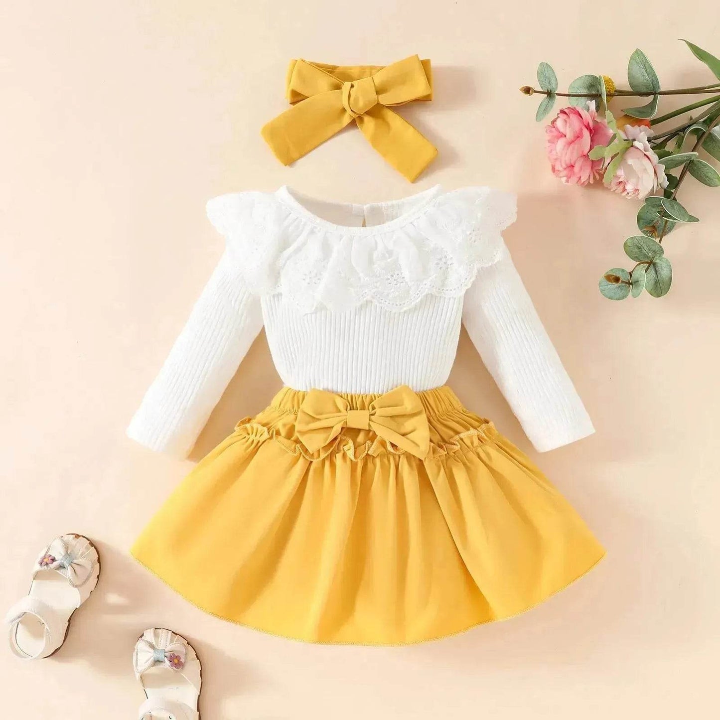 Two piece Baby Girl Lace Ruffles Long-sleeve romper Bow Skirt Hair Bowtie Band baby girl outwear - Velora