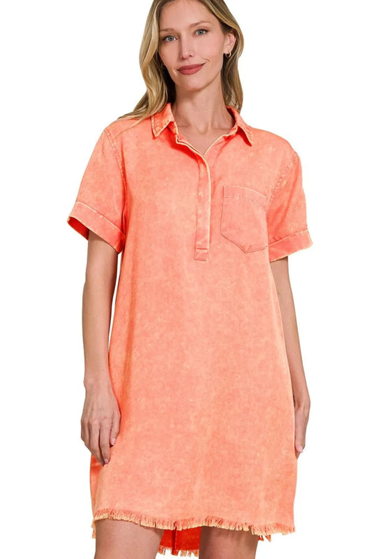 Zenana Tencel Mineral Washed Collared Shirts Dress - Velora