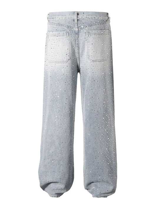 Men's Rhinestone Embellished Wash Relaxed Fit Jeans - Velora