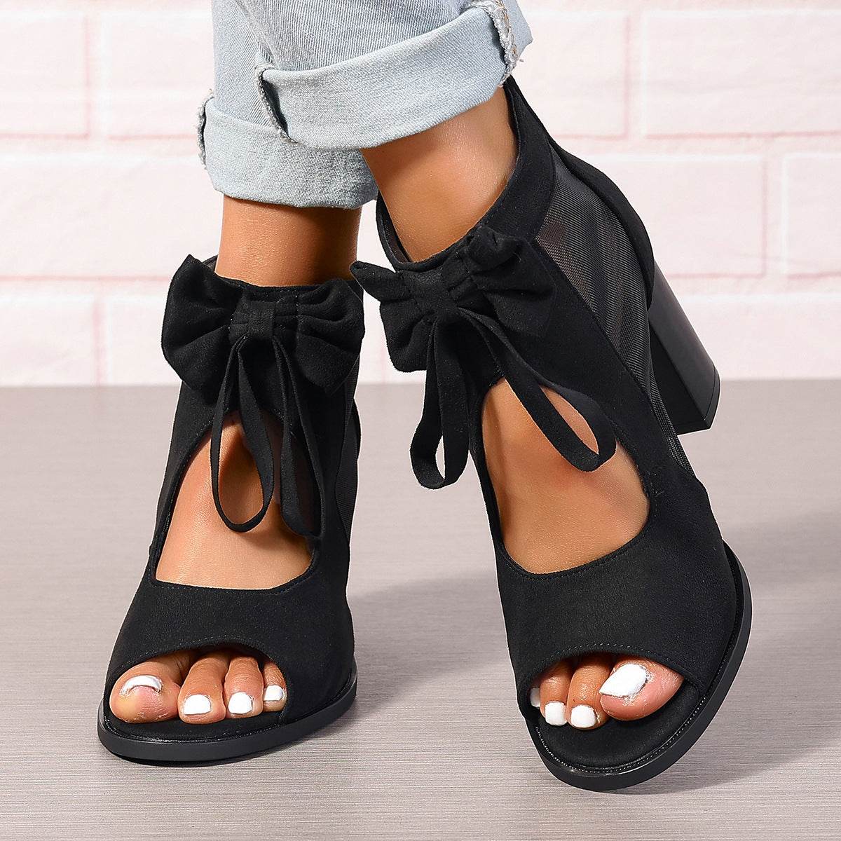 Platform Chunky High Heels Women's Sandals Bow Decoration Open Toe Block Ankle Strap Sandals For Dress Bridal Party Shoes - Velora
