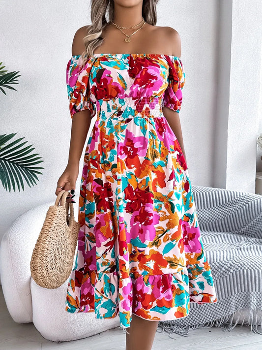 Ruffled Hem Smocked Floral Short Sleeve Midi Dress - Velora