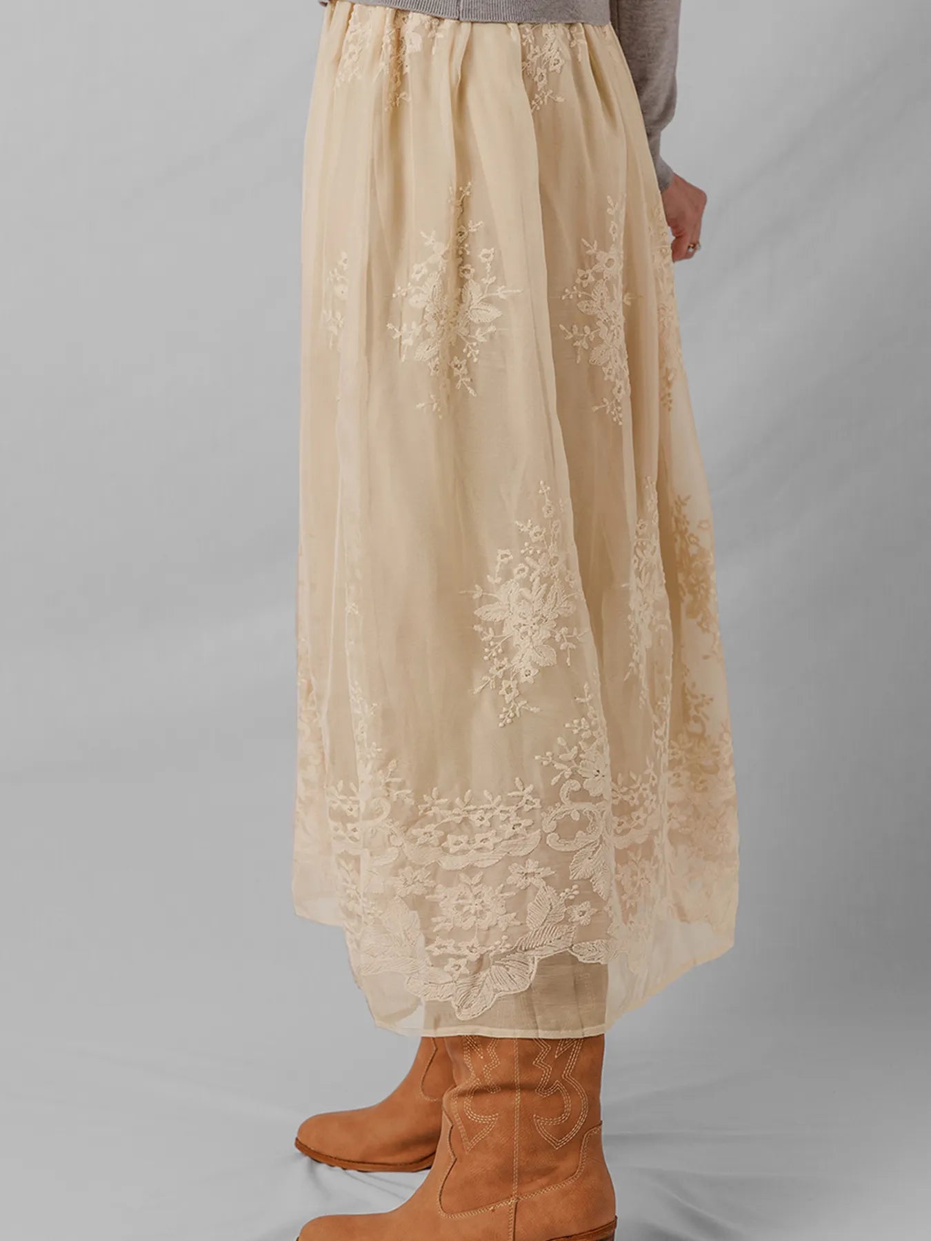Embroidered Mesh Overlay Flowy Midi Skirt - Velora