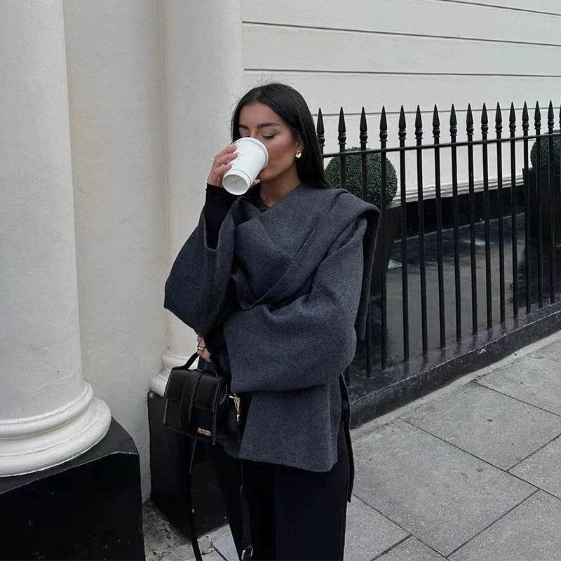 Solid Knitted Cardigan With Asymmetrical Scarf Design Fashion Short Coat Women Overcoat Jacket Winter - Velora