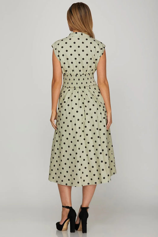 She + Sky Front Zip Polka Dots Cap Sleeve Midi Dress - Velora